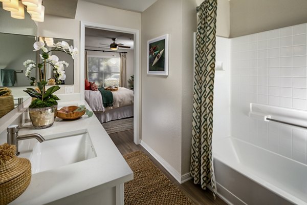 Modern bathroom with sleek fixtures at Seacrest Apartment Homes: luxury living by Greystar