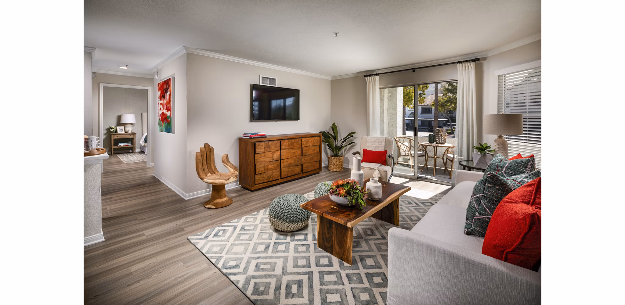 Modern living room with ocean views at Seacrest Apartment Homes