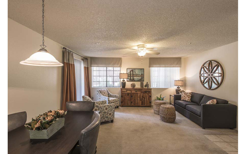 Open living room with modern decor at Avana Gilbert luxury apartments