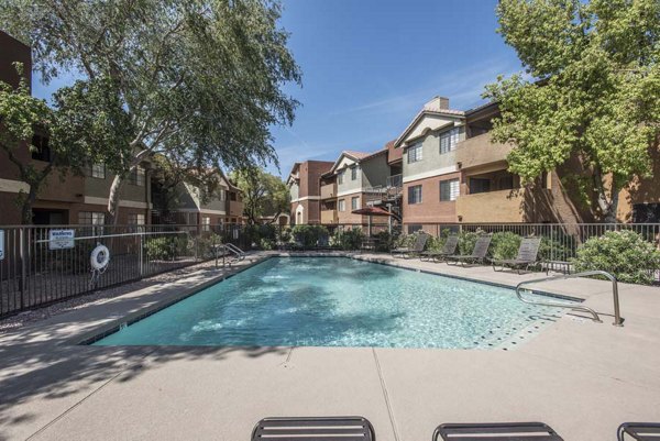 Resort-style pool at Avana Gilbert luxury apartments with lounge seating and lush landscaping