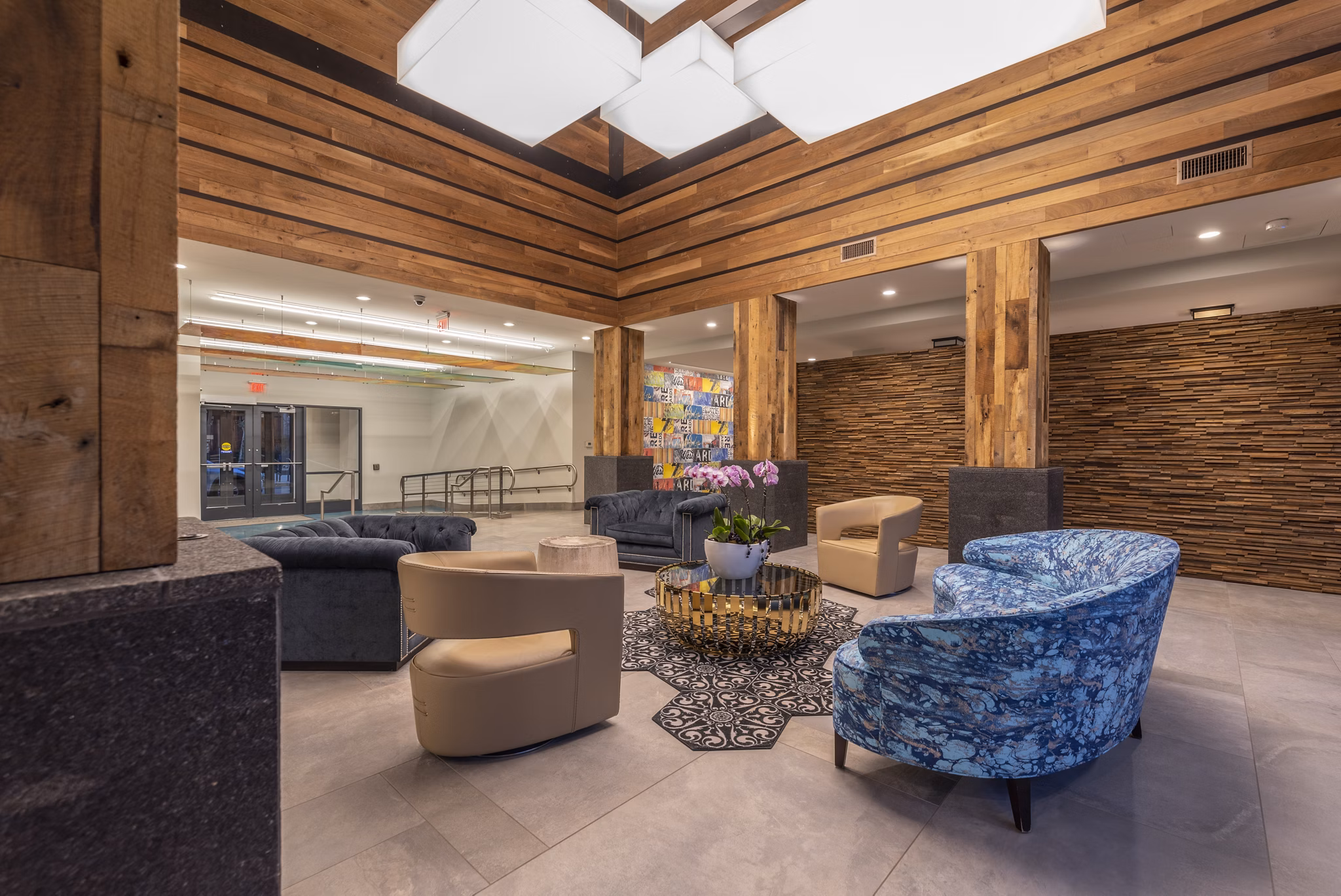 Clubhouse featuring modern design elements at West of Chestnut Apartments, a luxury property by Greystar