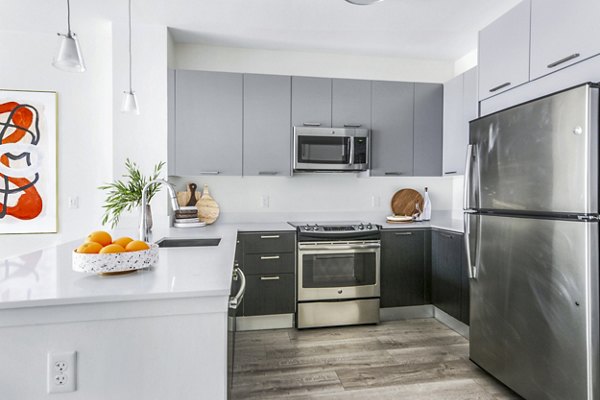 Modern kitchen with stainless steel appliances in West of Chestnut Apartments