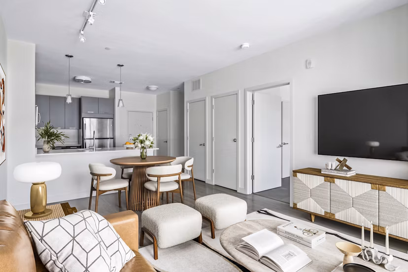 Inviting living room with contemporary decor at West of Chestnut Apartments