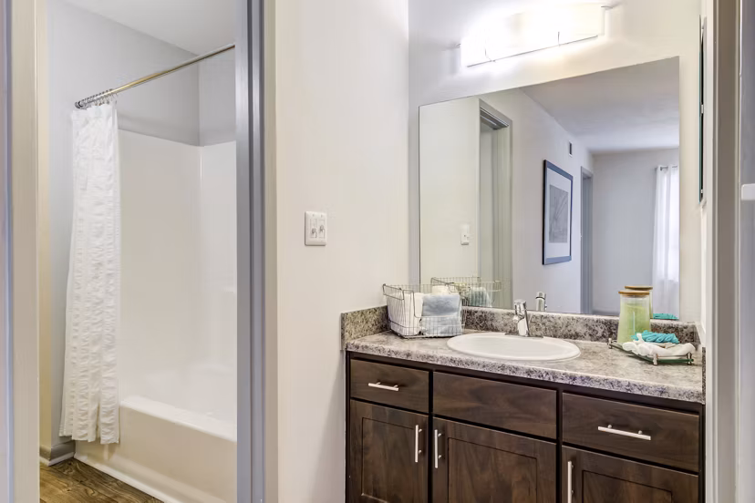 Modern bathroom with white cabinetry and sleek fixtures at Avana Woods Apartments