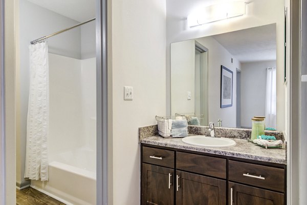 Modern bathroom with white cabinetry and sleek fixtures at Avana Woods Apartments
