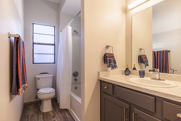 Luxurious bathroom featuring sleek fixtures and marble accents in Circ Apartments