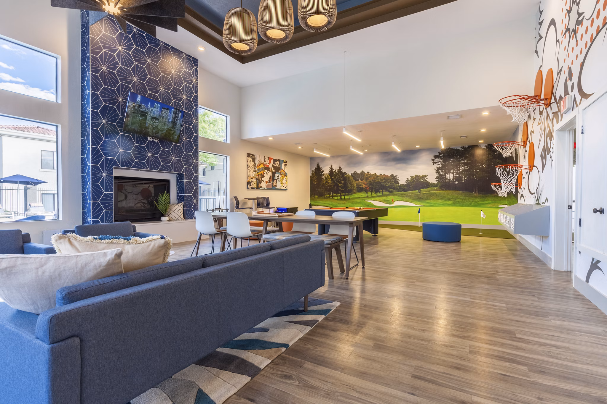Clubhouse with modern design and ample seating at Circ Apartments