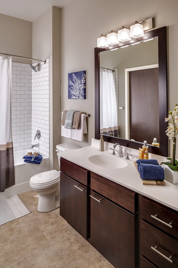 Luxurious bathroom with modern fixtures at The Paxon Apartments in vibrant city setting
