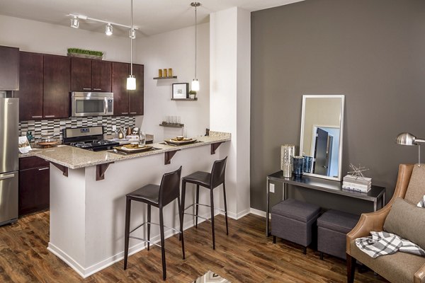 Kitchen with modern appliances at The Paxon Apartments, a luxury property by Greystar