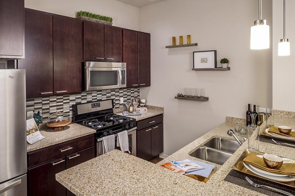 Modern kitchen with stainless steel appliances in The Paxon Apartments