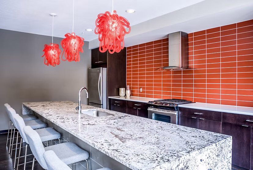 Clubhouse kitchen featuring modern appliances and island seating at Velo Apartments in a luxury setting