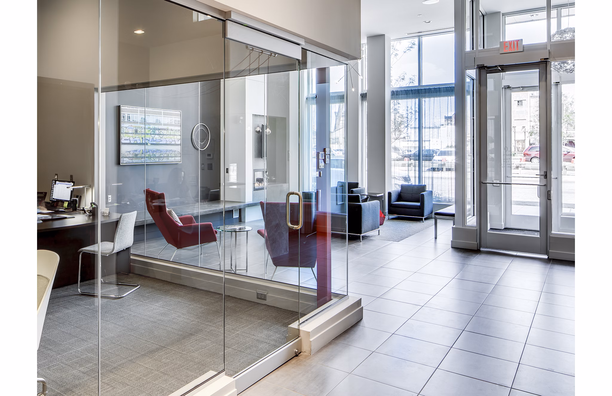 Leasing office lobby with modern decor at Velo Apartments in the heart of luxury living