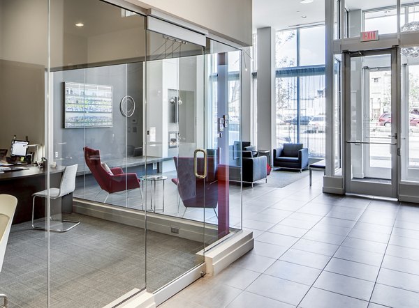 Leasing office lobby with modern decor at Velo Apartments in the heart of luxury living