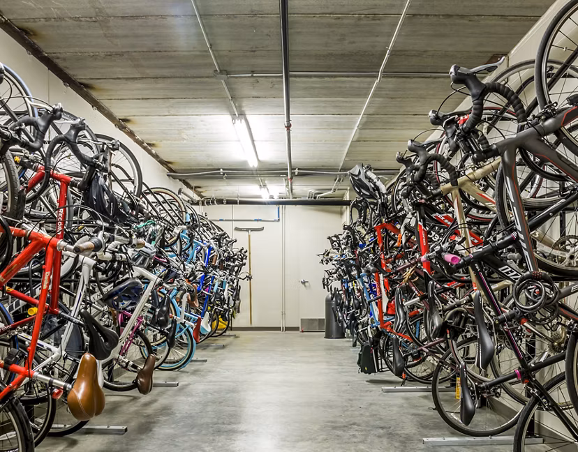 Secure bike storage facility at Velo Apartments, offering convenience for cycling enthusiasts in a modern living environment