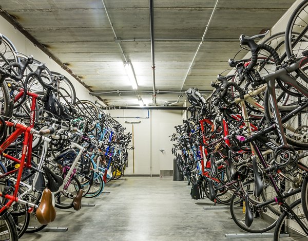 Secure bike storage facility at Velo Apartments, offering convenience for cycling enthusiasts in a modern living environment
