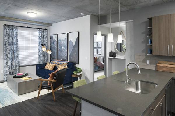 living room at Alexan Arapahoe Square Apartments