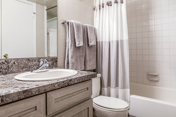 Modern bathroom with sleek vanity and rainfall showerhead in Spring Park Apartments