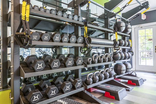 weights in fitness center at Spring Park Apartments