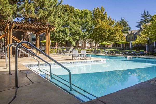 Pool with lush landscaping at Spring Park Apartments offering relaxing leisure spaces