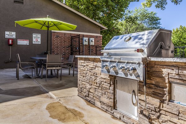 Grill area with shaded seating at Spring Park Apartments, perfect for outdoor gatherings in a luxurious setting