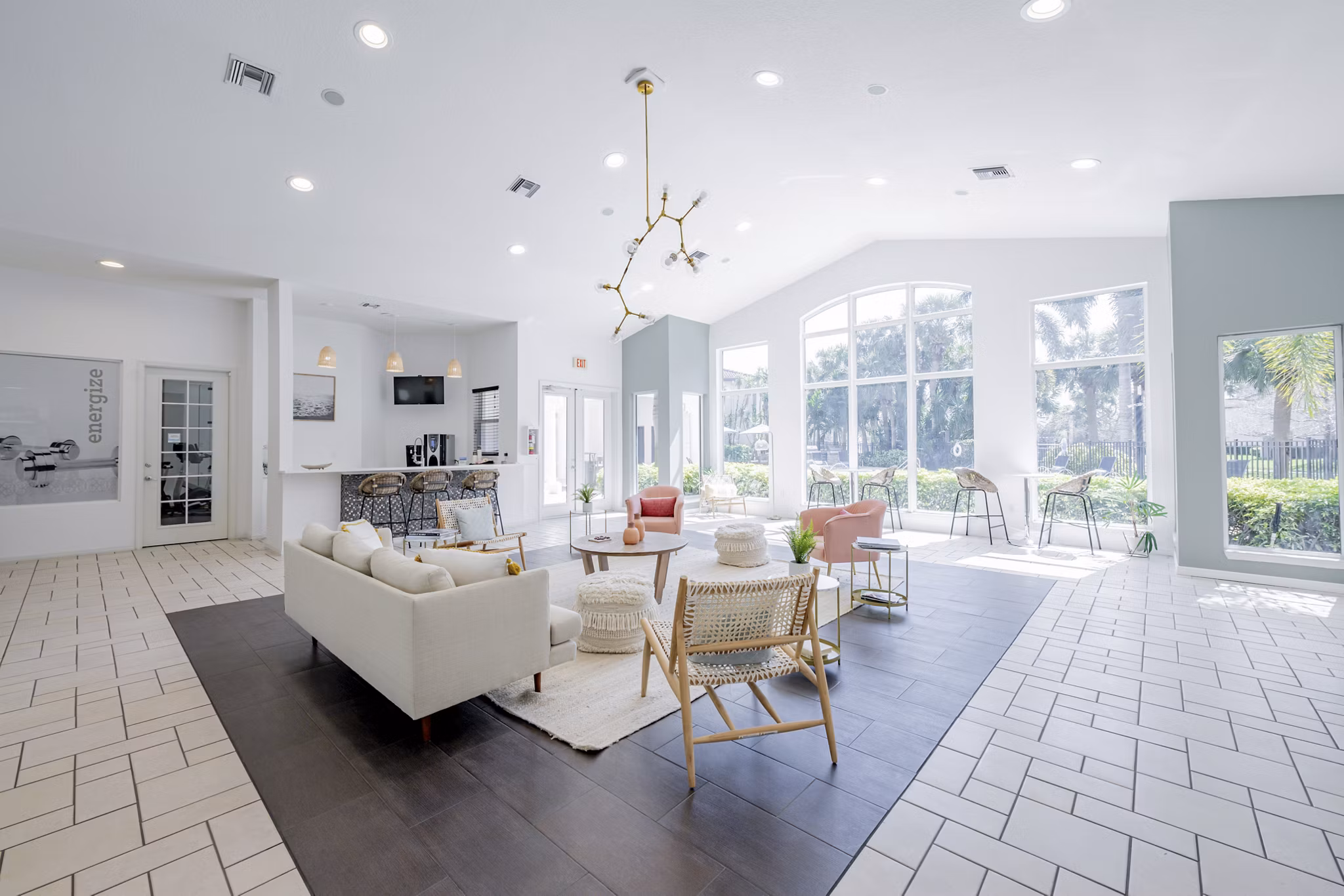 Clubhouse featuring modern design elements at Mira Flores Apartments in Los Angeles