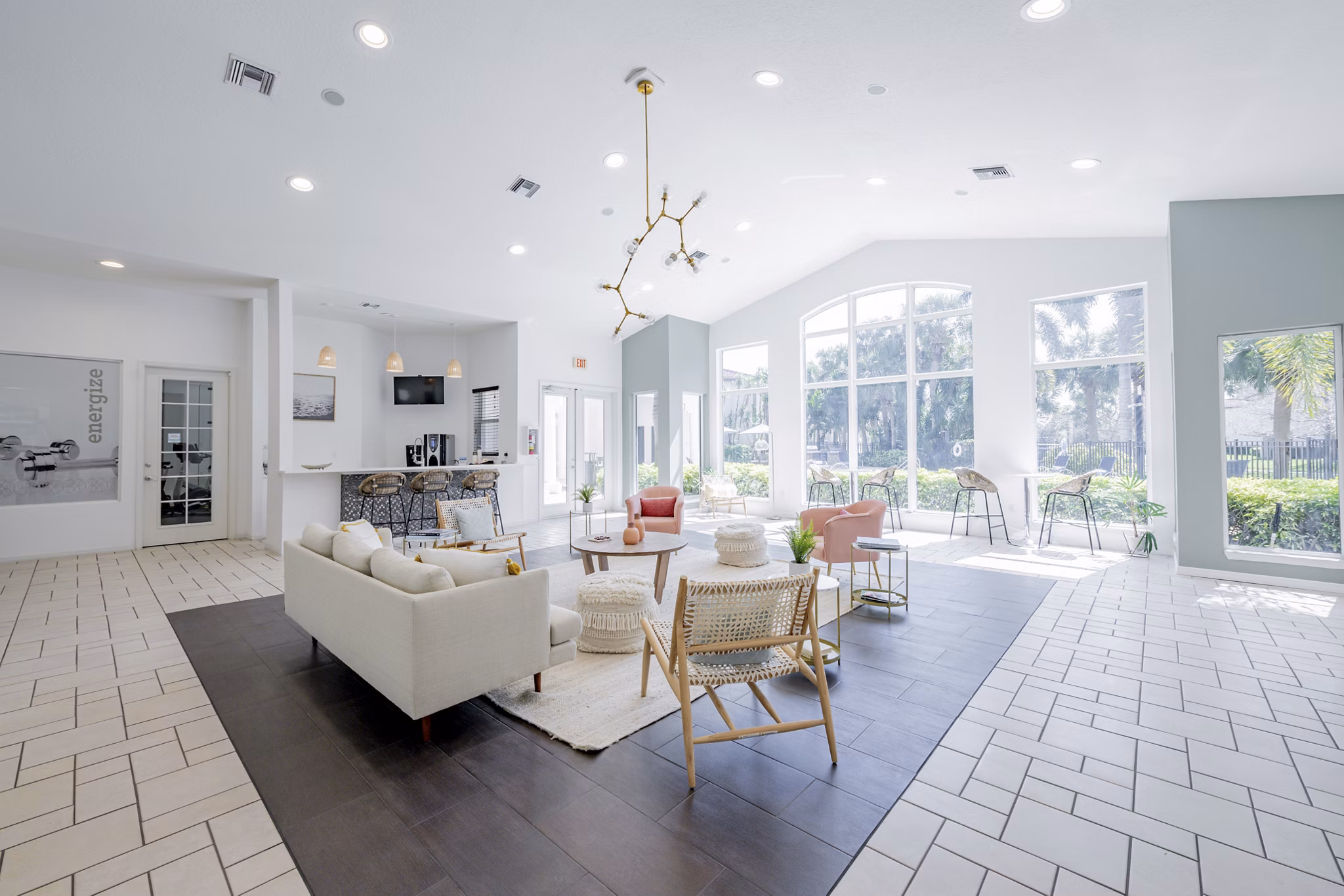 Clubhouse featuring modern design elements at Mira Flores Apartments in Los Angeles