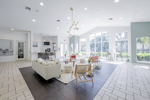 Clubhouse featuring modern design elements at Mira Flores Apartments in Los Angeles
