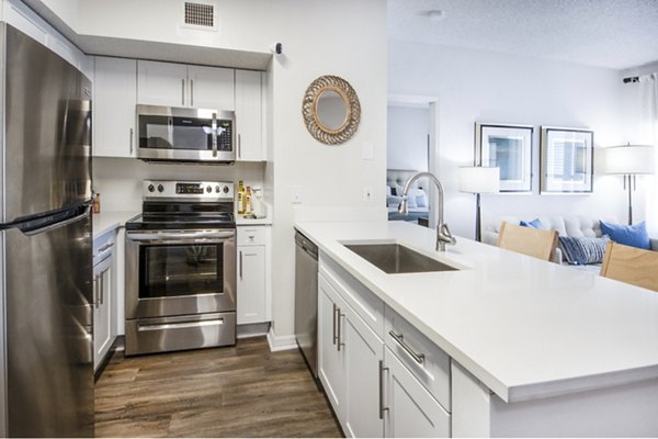 Modern kitchen with sleek countertops and stainless steel appliances at Mira Flores Apartments