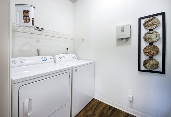Laundry room with modern appliances at Mira Flores Apartments, a luxury Greystar community