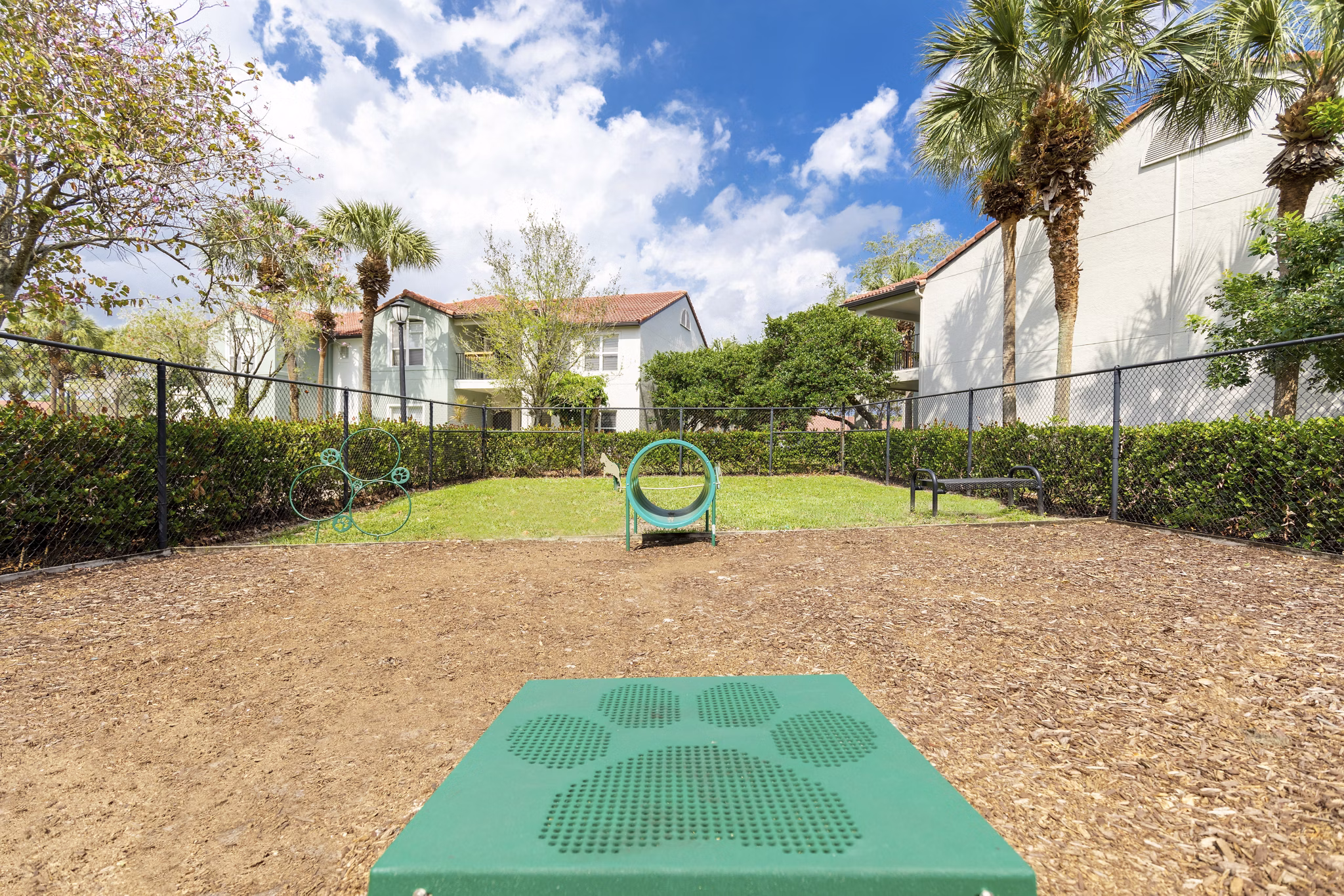 Spacious dog park with agility equipment at Mira Flores Apartments offering a pet-friendly community experience