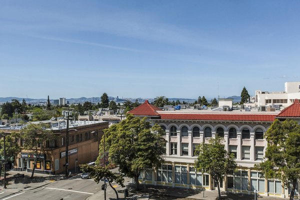 Cityscape view from a luxury apartment at The Dwight, showcasing downtown surroundings and urban living