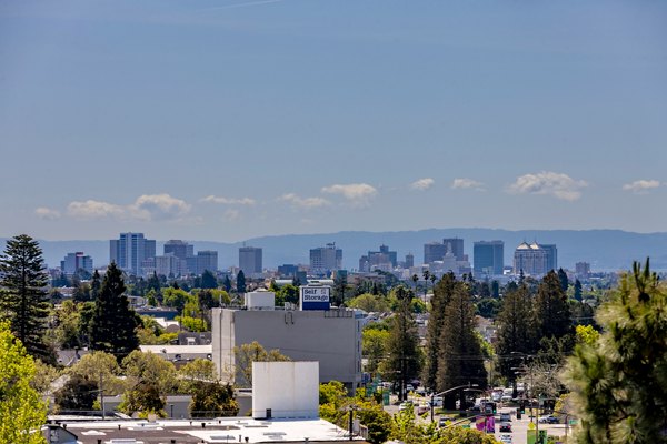Modern view of downtown from The Dwight luxury apartments balcony