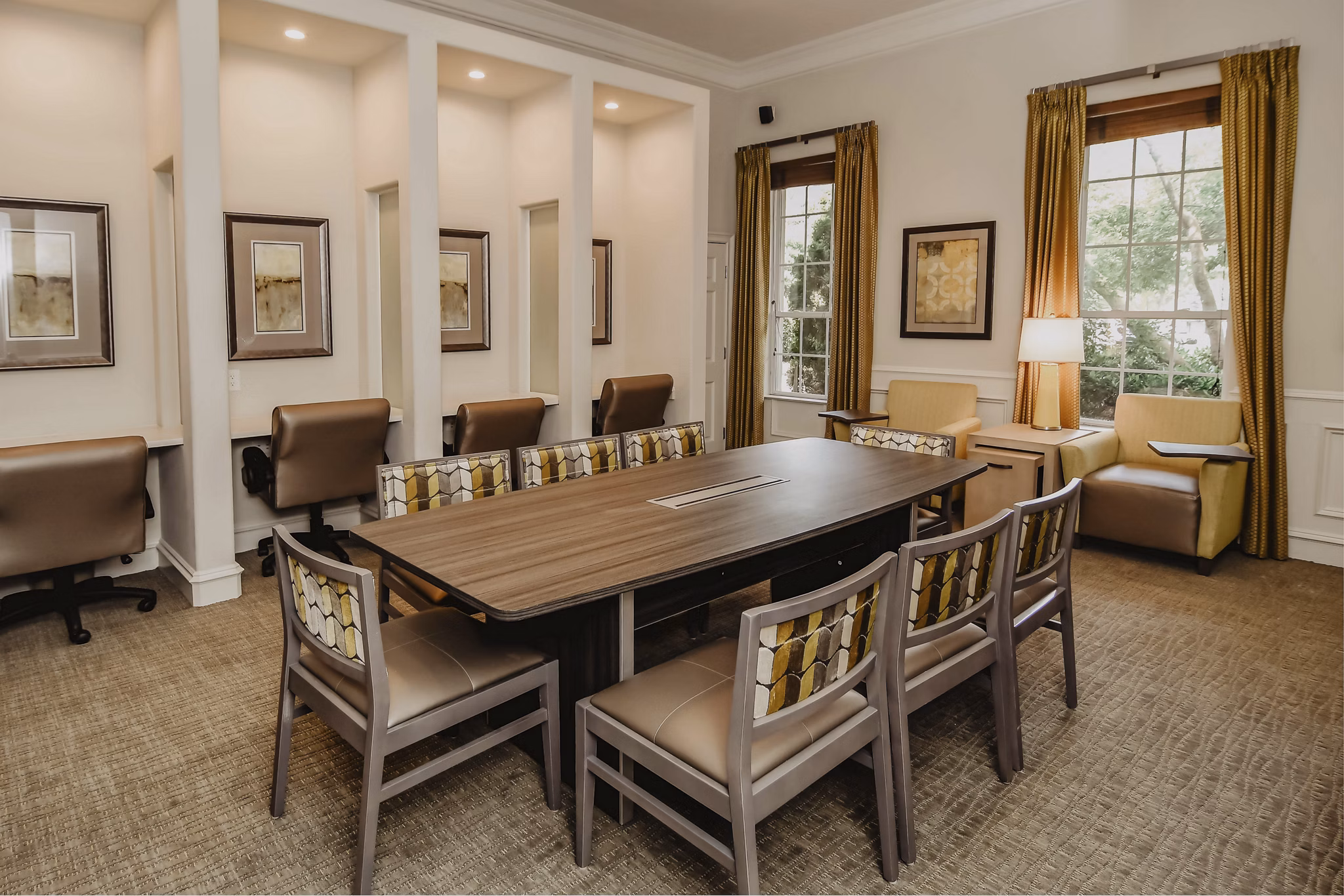 Meeting room with modern furnishings and large conference table at Finley at Fairfax Corner luxury apartments
