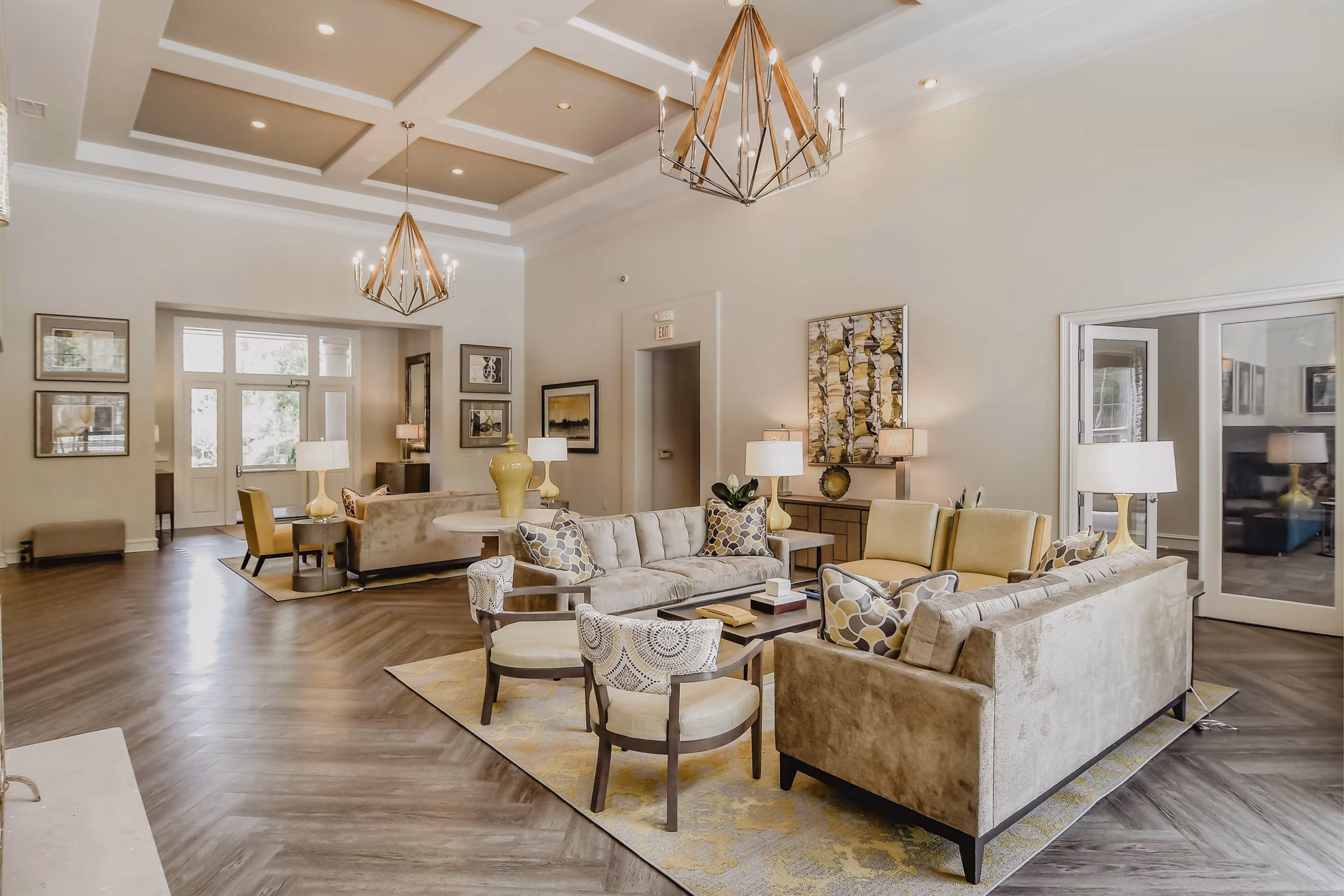 Clubhouse with modern design and luxurious seating at Finley at Fairfax Corner apartments