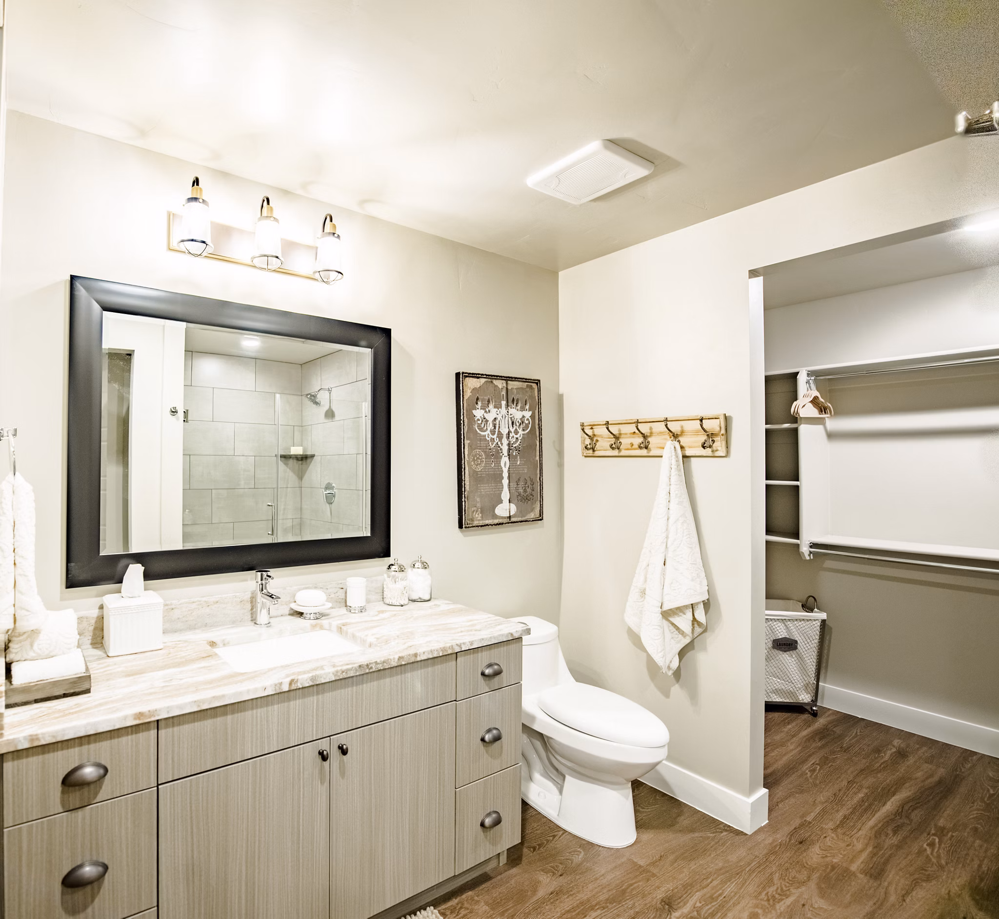 Modern bathroom with sleek fixtures at Hardware Village Apartments