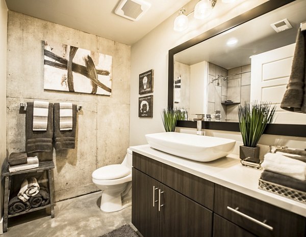 Bathroom featuring modern fixtures and elegant design at Hardware Village Apartments