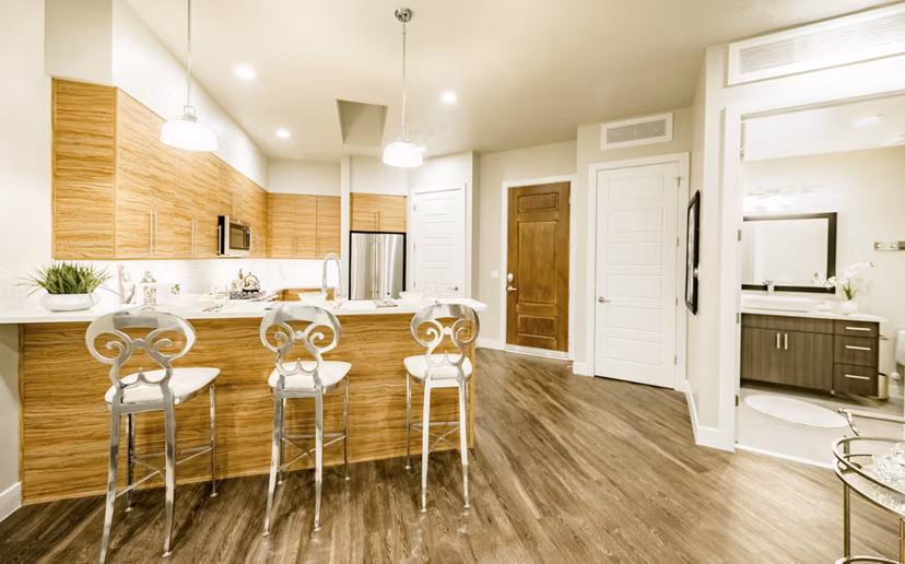 Modern kitchen with stainless steel appliances in Hardware Village Apartments