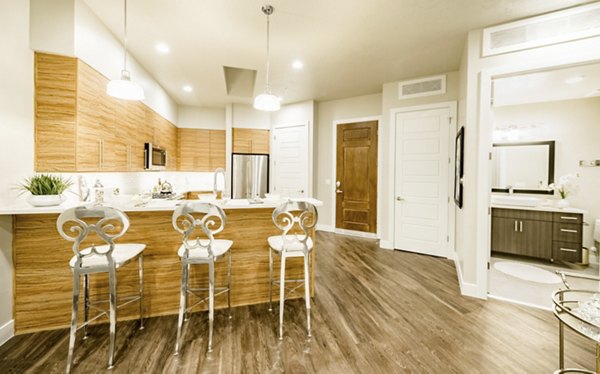 Modern kitchen with stainless steel appliances in Hardware Village Apartments