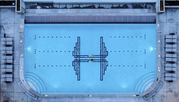 Rooftop pool with city views at Hardware Village Apartments