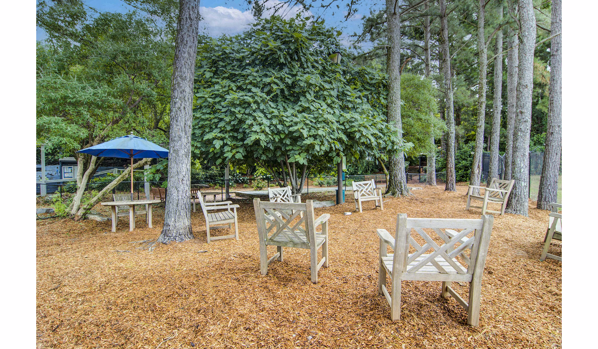 Courtyard patio with seating and dog park at The Prato at Midtown luxury apartments