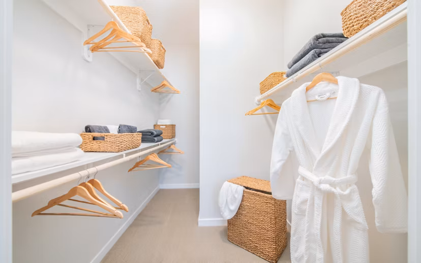 Spacious closet with built-in shelving at Overture Centennial luxury apartments