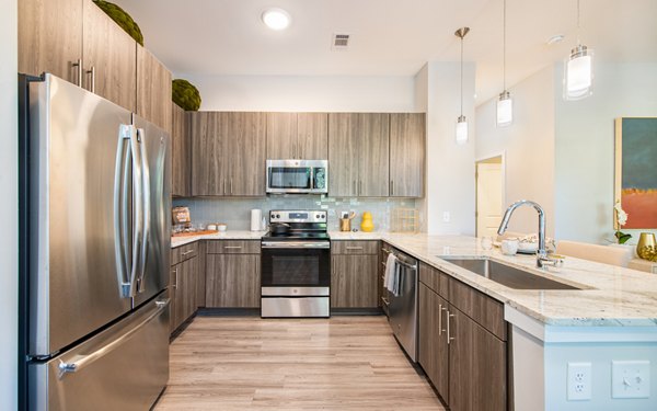Modern kitchen with sleek cabinetry and stainless appliances at Overture Centennial Apartments, luxury living by Greystar