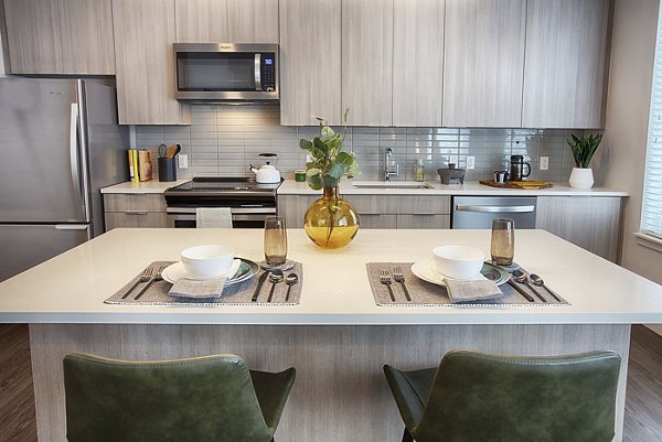 Modern kitchen featuring stainless steel appliances and sleek cabinetry in SOVA Apartments luxury community