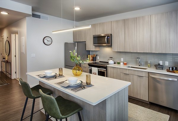 Modern kitchen with stainless steel appliances at SOVA Apartments in Greystar community