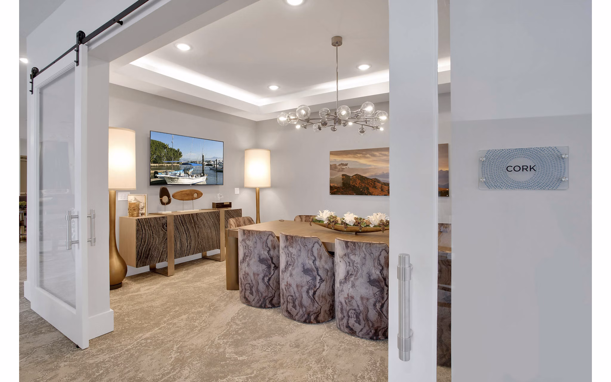 Modern meeting facility with sleek design at Overture 9th + CO Apartments, ideal for hosting events and collaborative gatherings
