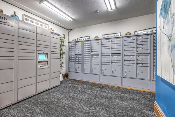 mail room and parcel package pickup lockers at The Academy Apartments