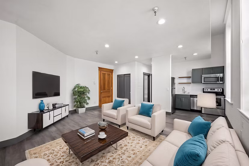 living room at The Academy Apartments