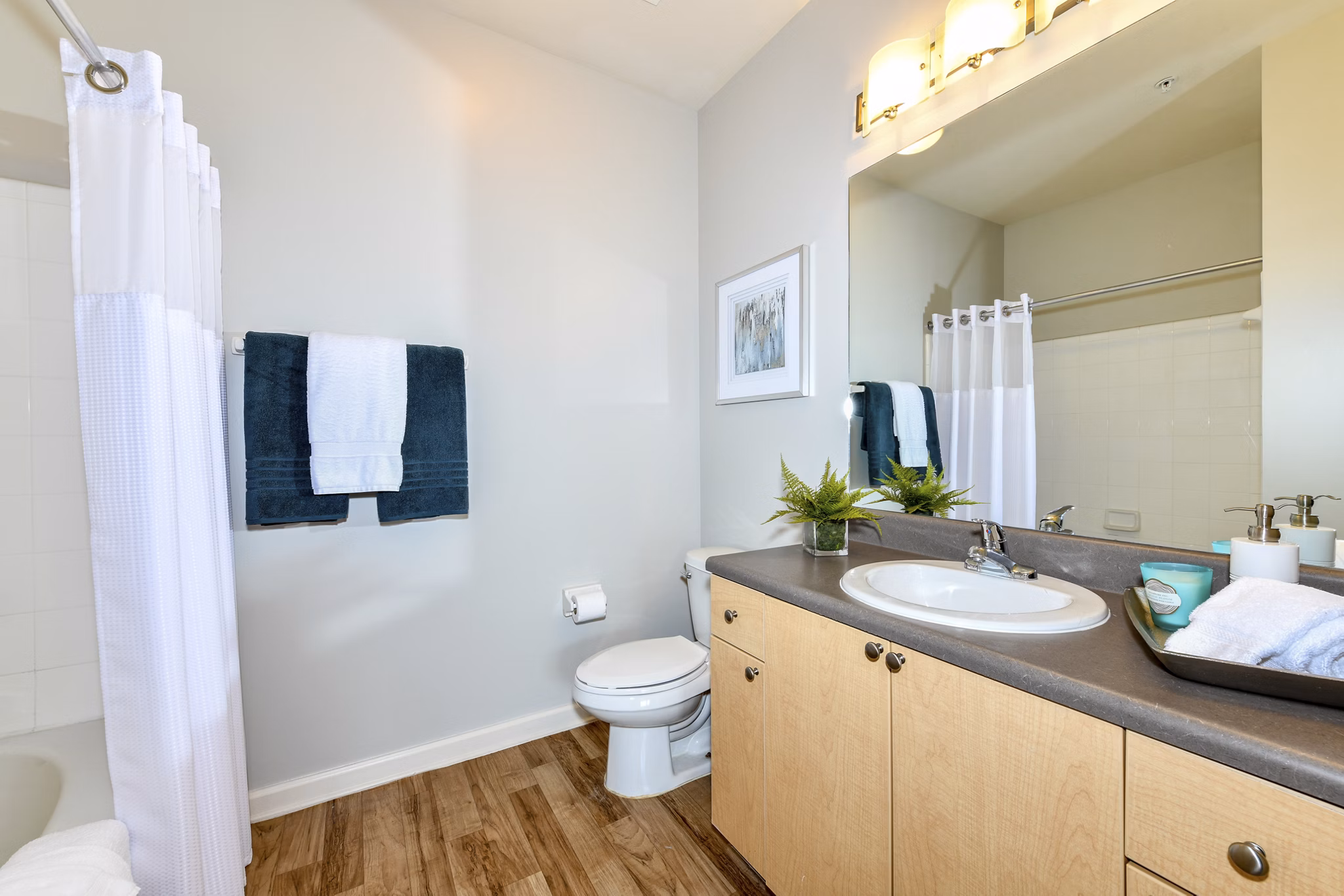 Modern bathroom with sleek fixtures at Avana on Main Apartments, luxury living in a vibrant community