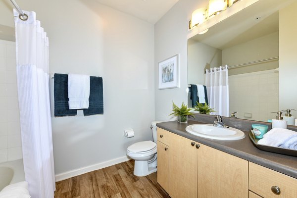 Modern bathroom with sleek fixtures at Avana on Main Apartments, luxury living in a vibrant community