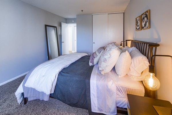 Elegant bedroom with plush bedding and natural light at Avana Southview Apartments